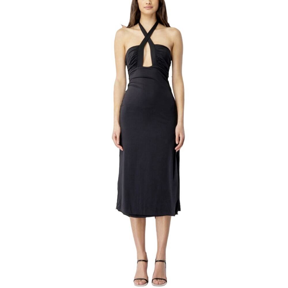 NWT Bardot Guilia Side Slit Halter Black Midi Dress MEDIUM